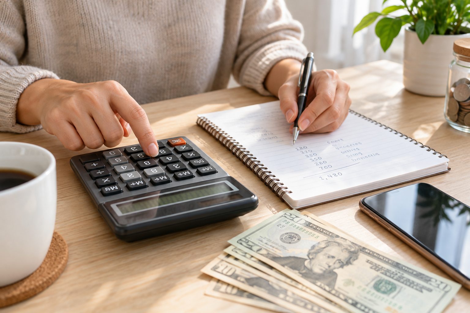 Hands calculating trading costs with a calculator and notebook